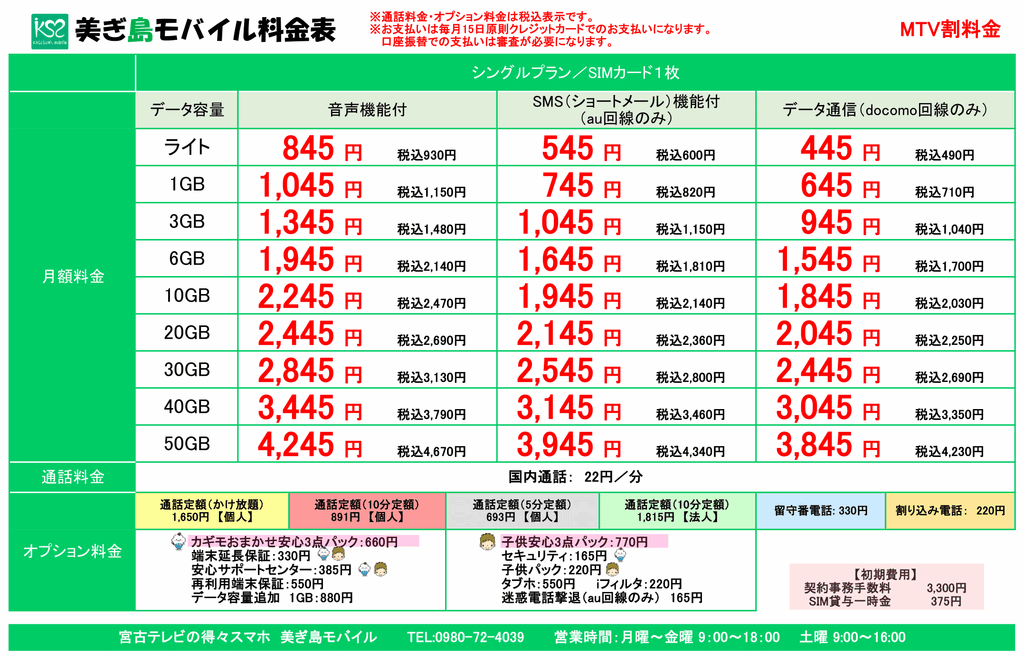 2025新料金表 シングルプラン（詳細MTV割 1